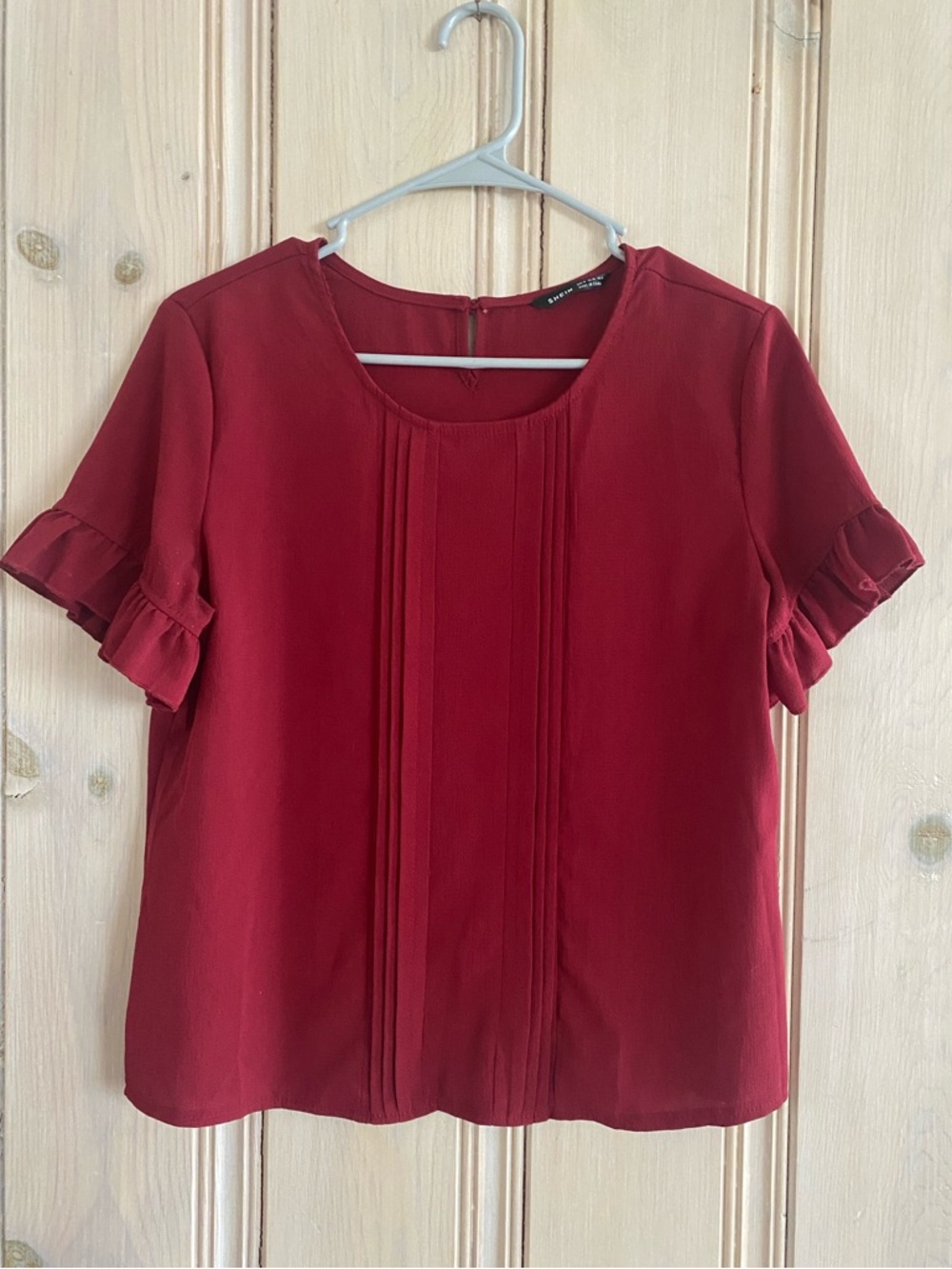 Burgundy Ruffle Short Sleeve Pintuck Blouse